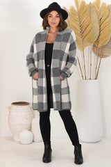 Adelen Cardigan - Folded Center Front Checkered Cardigan in Grey