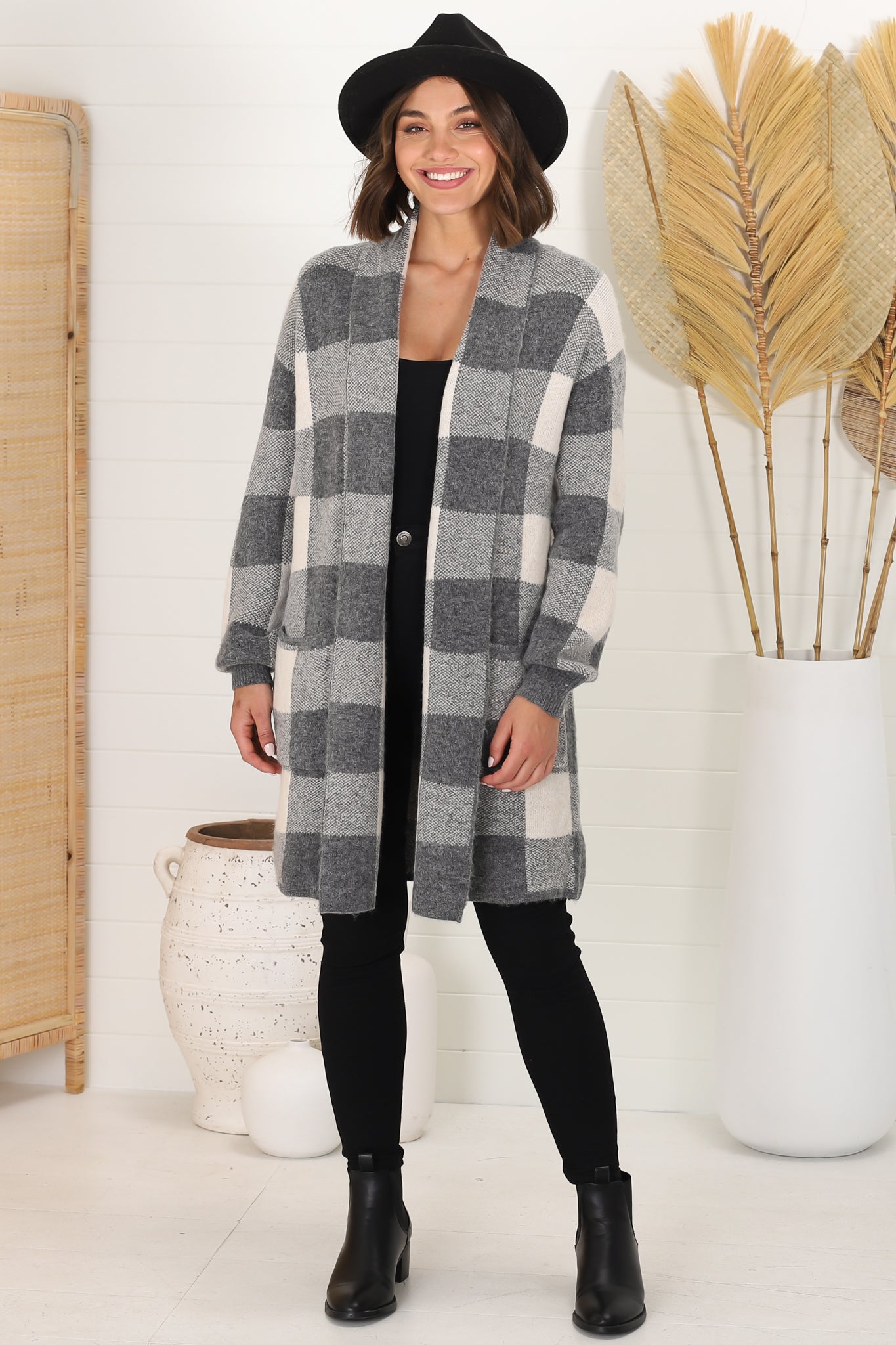 Adelen Cardigan - Folded Center Front Checkered Cardigan in Grey