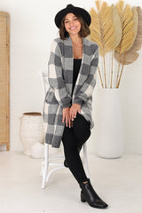 Adelen Cardigan - Folded Center Front Checkered Cardigan in Grey