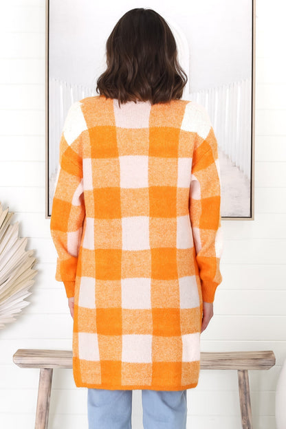 Adelen Cardigan - Folded Center Front Checkered Cardigan in Orange