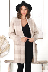 Adelen Cardigan - Folded Center Front Checkered Cardigan in Sand