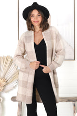 Adelen Cardigan - Folded Center Front Checkered Cardigan in Sand