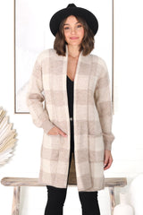 Adelen Cardigan - Folded Center Front Checkered Cardigan in Sand