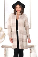 Adelen Cardigan - Folded Center Front Checkered Cardigan in Sand