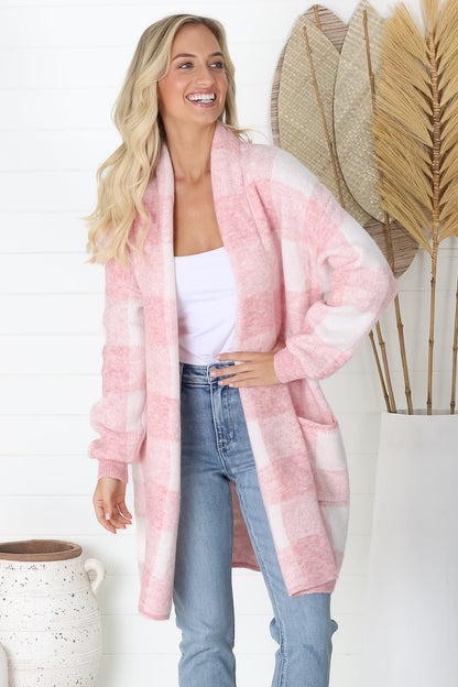 Adelen Cardigan - Folded Center Front Checkered Cardigan in Soft Pink
