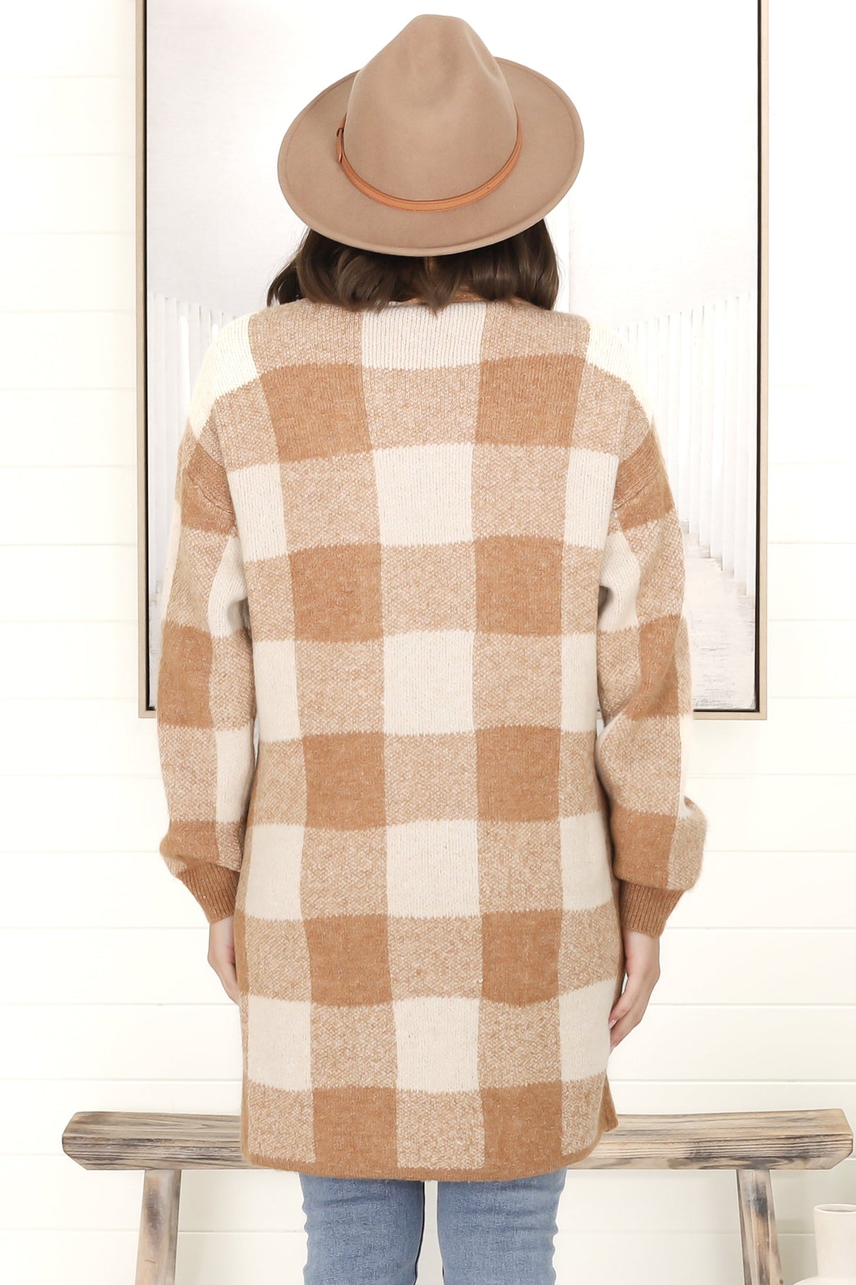 Adelen Cardigan - Folded Center Front Checkered Cardigan in Tan