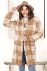 Adelen Cardigan - Folded Center Front Checkered Cardigan in Tan