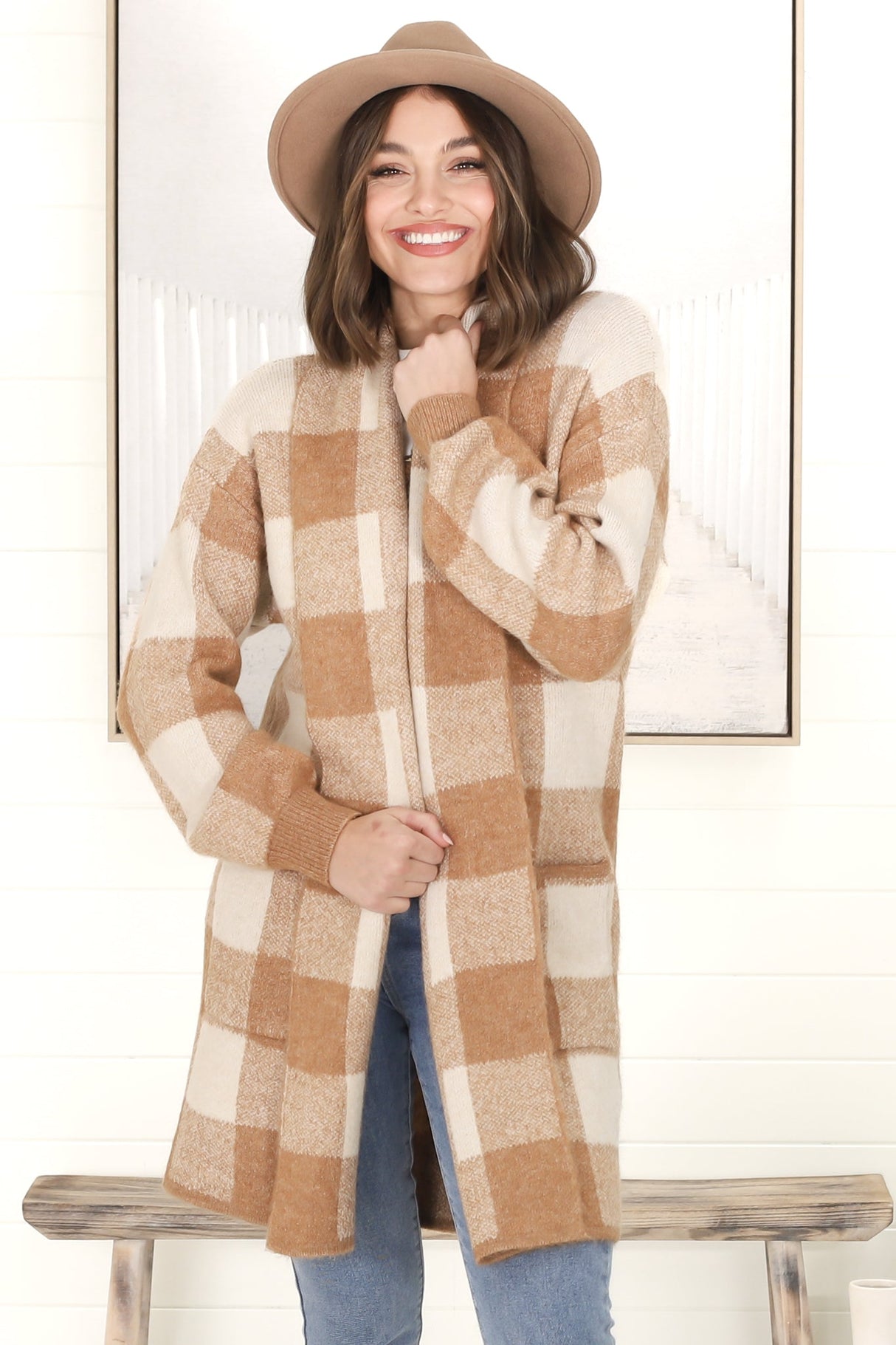 Adelen Cardigan - Folded Center Front Checkered Cardigan in Tan