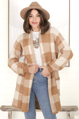 Adelen Cardigan - Folded Center Front Checkered Cardigan in Tan