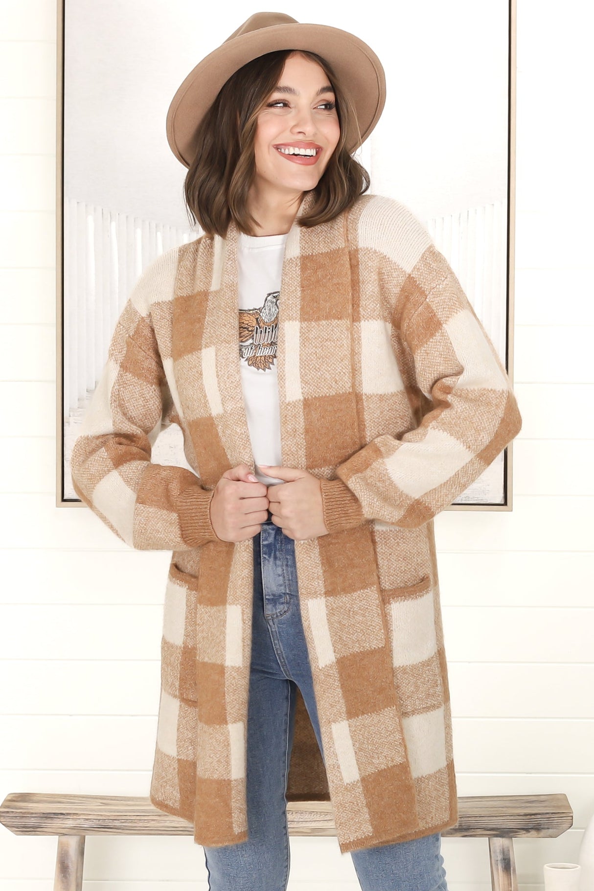 Adelen Cardigan - Folded Center Front Checkered Cardigan in Tan