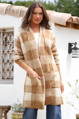 Adelen Cardigan - Folded Center Front Checkered Cardigan in Tan