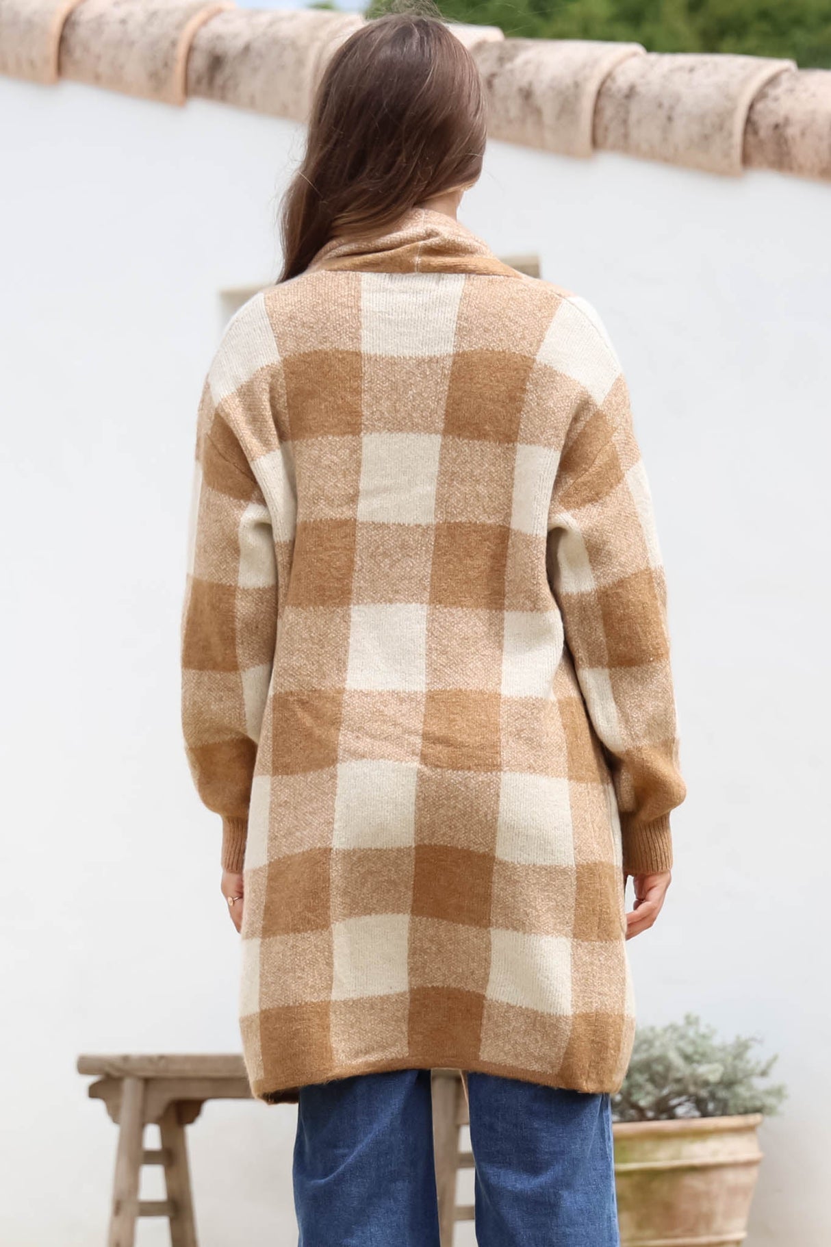 Adelen Cardigan - Folded Center Front Checkered Cardigan in Tan