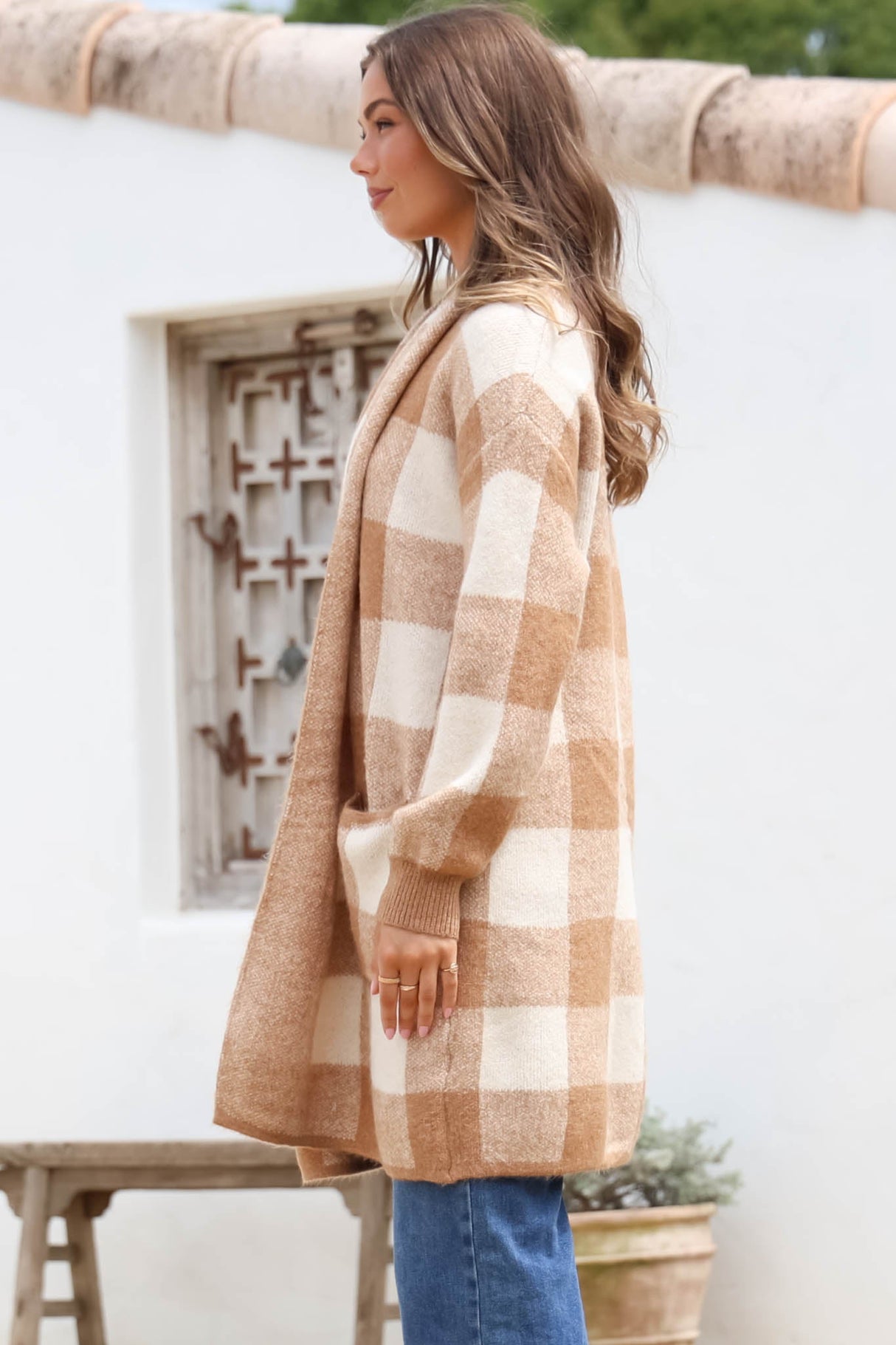 Adelen Cardigan - Folded Center Front Checkered Cardigan in Tan