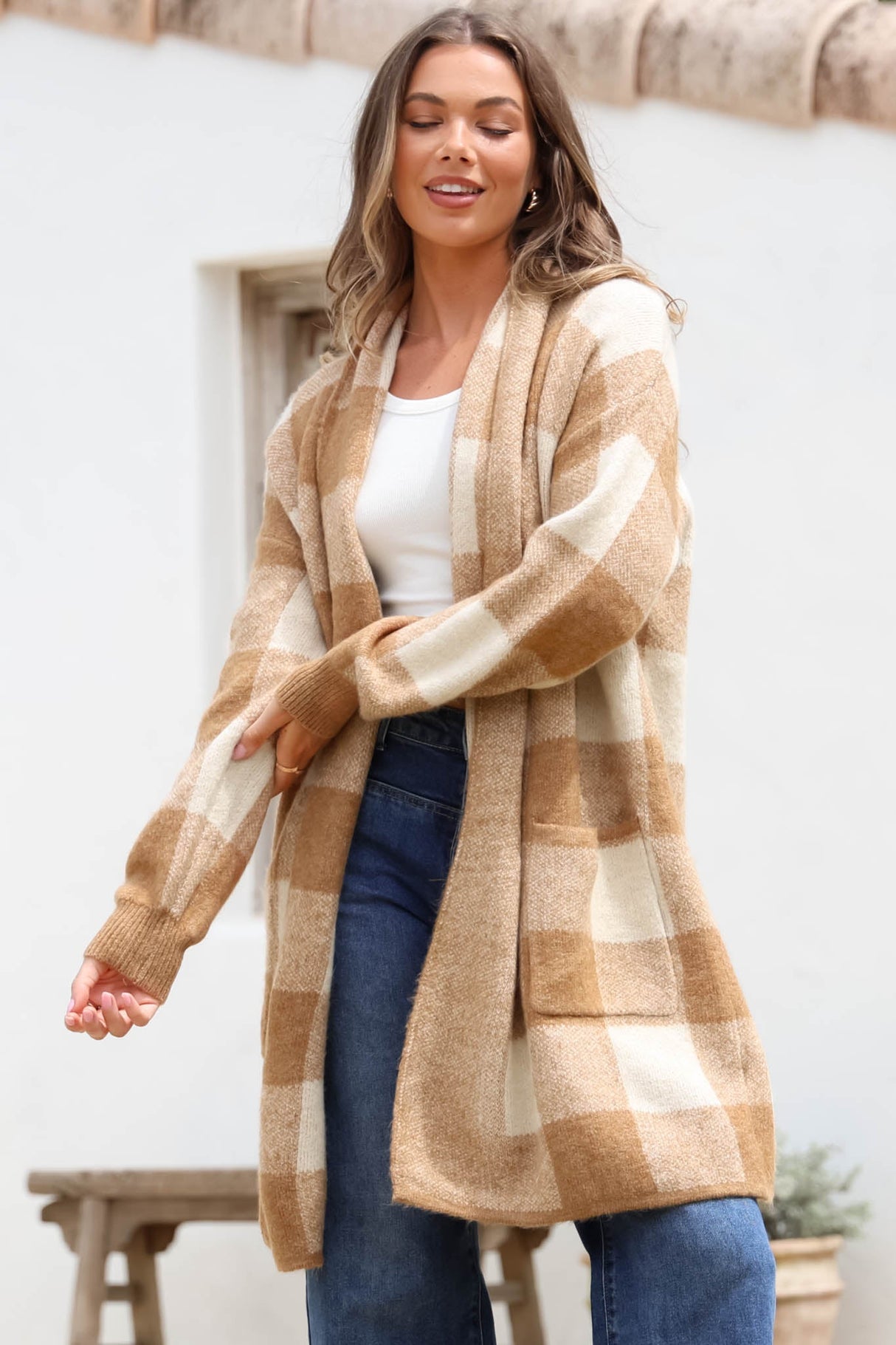 Adelen Cardigan - Folded Center Front Checkered Cardigan in Tan
