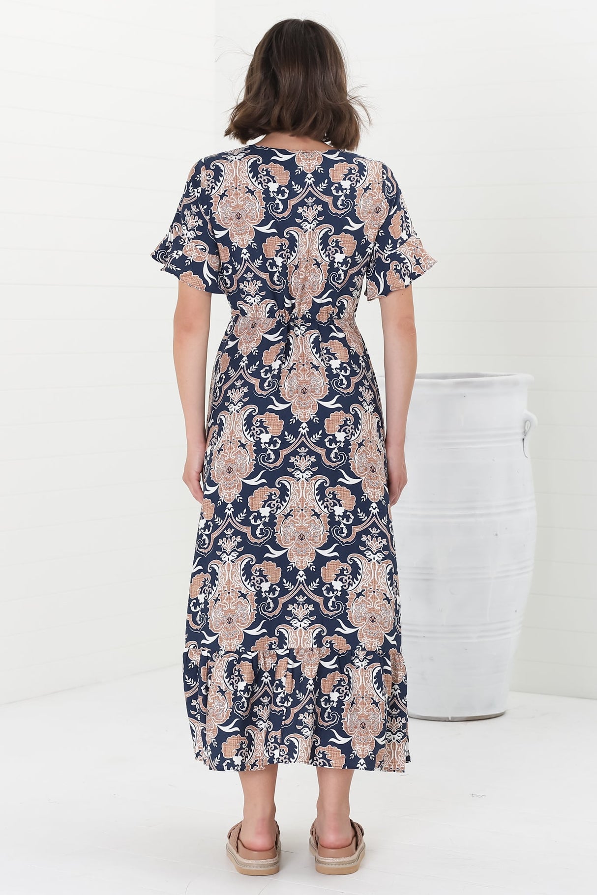 Adelita Midi Dress - Button Down High-Low Dress with Pull Tie Waist in Cavallie Print Navy