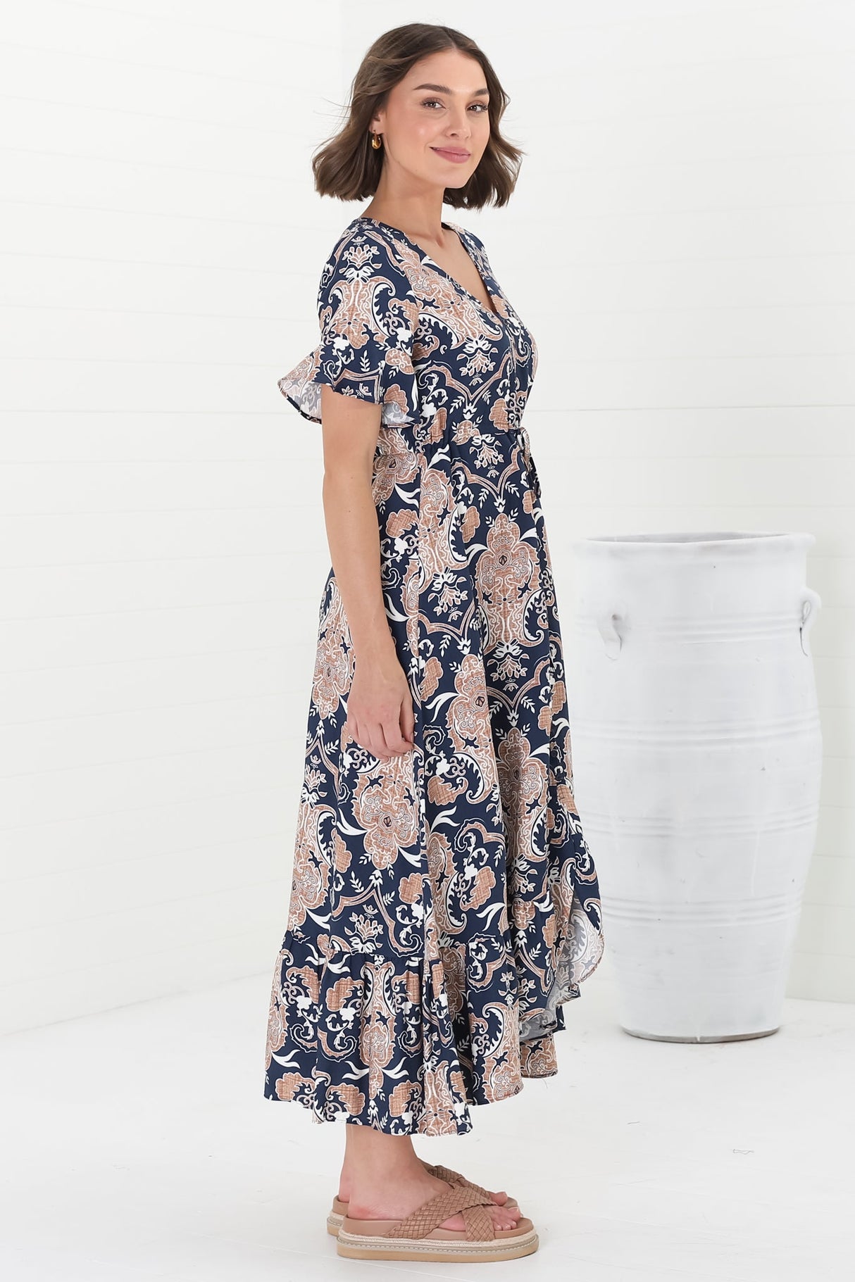 Adelita Midi Dress - Button Down High-Low Dress with Pull Tie Waist in Cavallie Print Navy