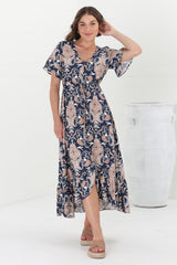 Adelita Midi Dress - Button Down High-Low Dress with Pull Tie Waist in Cavallie Print Navy