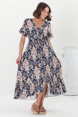 Adelita Midi Dress - Button Down High-Low Dress with Pull Tie Waist in Cavallie Print Navy