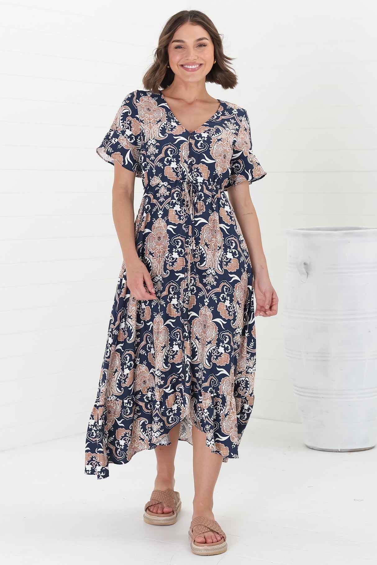 Adelita Midi Dress - Button Down High-Low Dress with Pull Tie Waist in Cavallie Print Navy