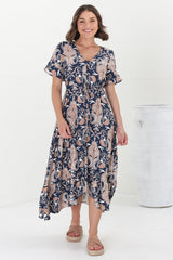 Adelita Midi Dress - Button Down High-Low Dress with Pull Tie Waist in Cavallie Print Navy