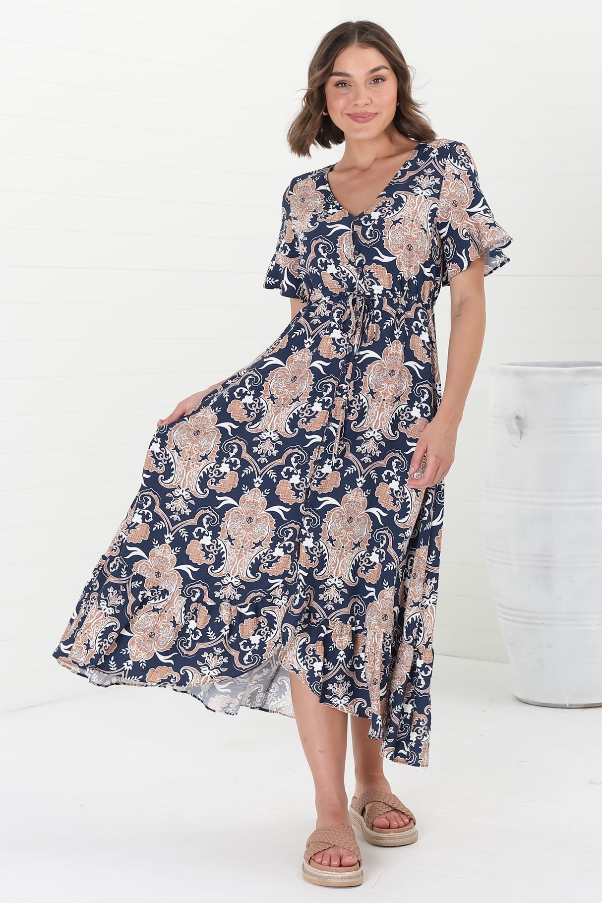 Adelita Midi Dress - Button Down High-Low Dress with Pull Tie Waist in Cavallie Print Navy