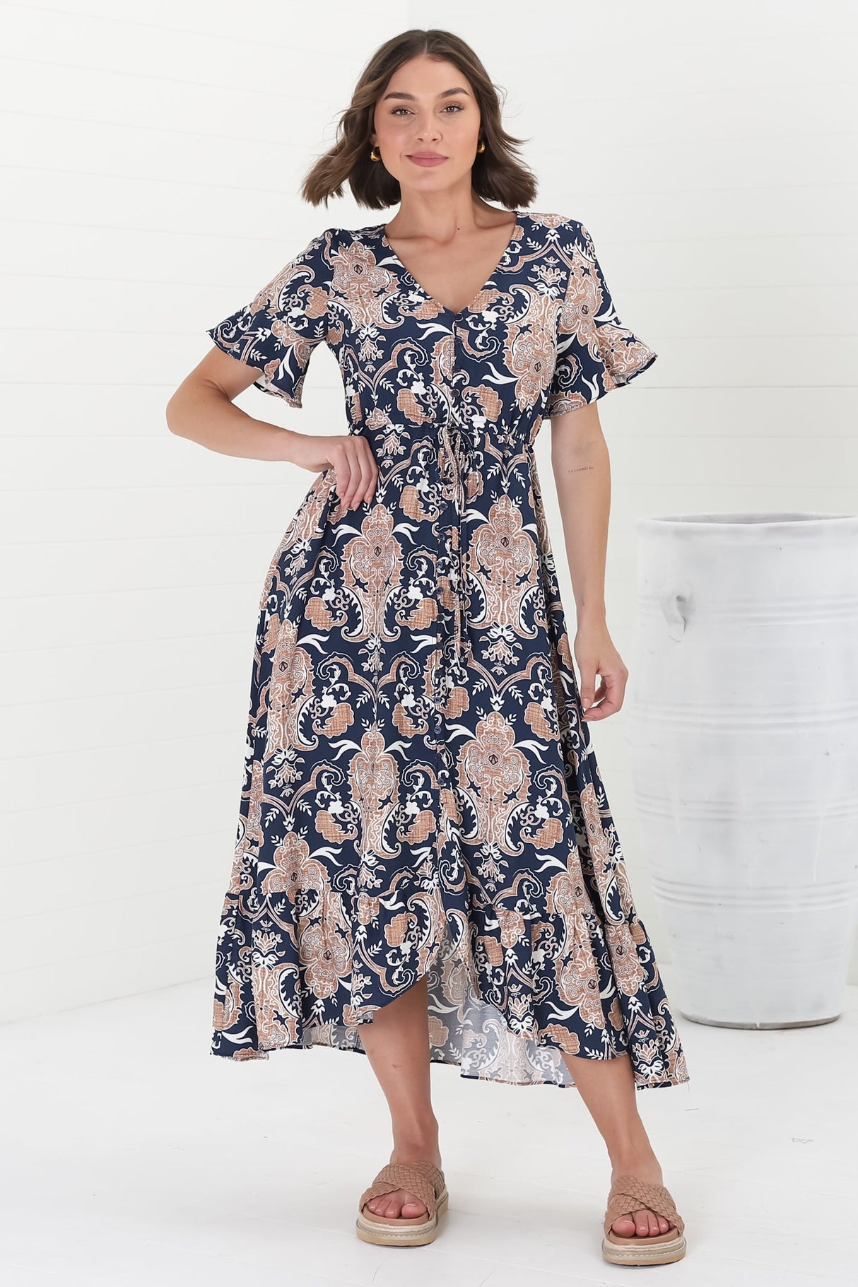 Adelita Midi Dress - Button Down High-Low Dress with Pull Tie Waist in Cavallie Print Navy