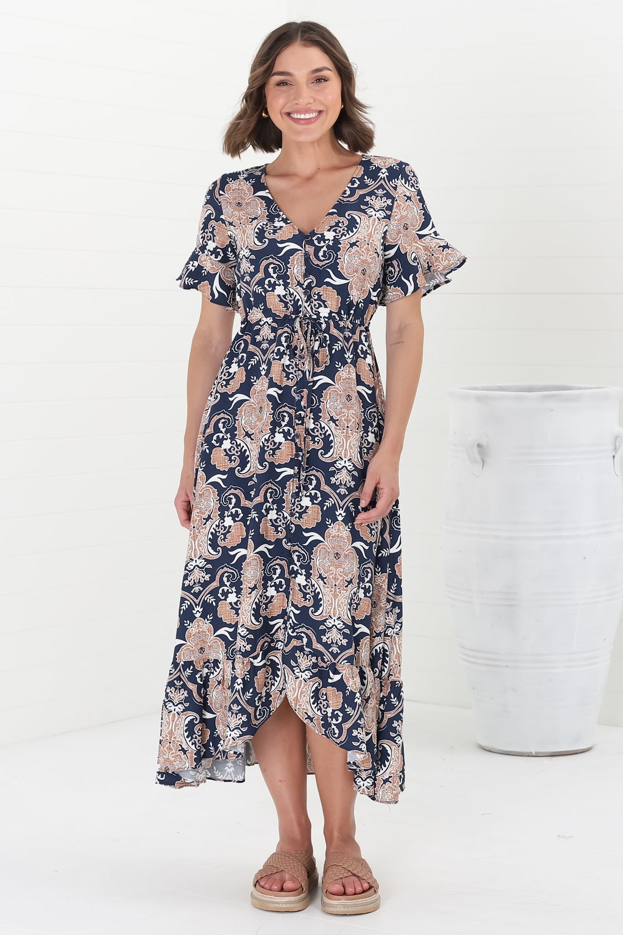 Adelita Midi Dress - Button Down High-Low Dress with Pull Tie Waist in Cavallie Print Navy