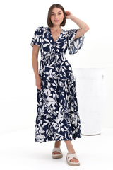 Adhira Maxi Dress - Buttoned Bodice A Line Dress With Flute Sleeves In Anvi Print