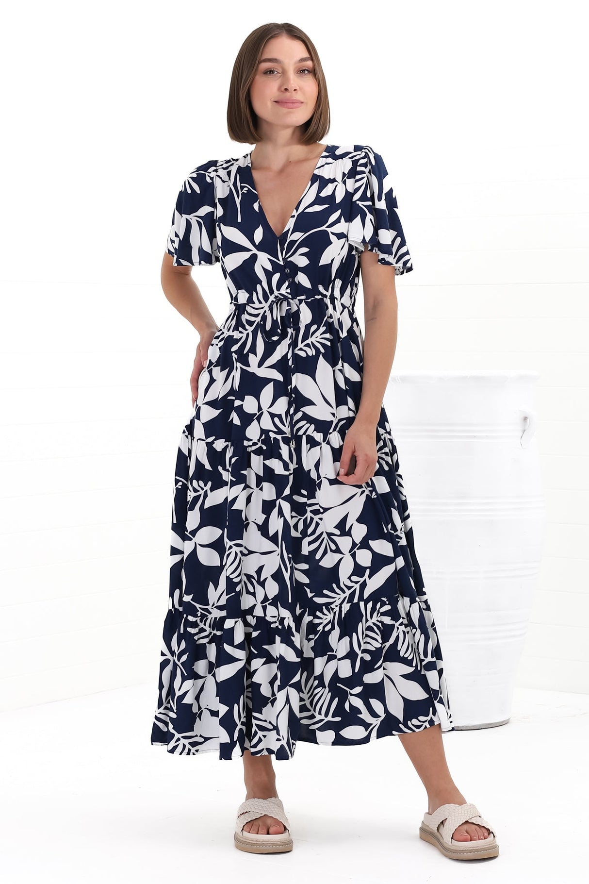 Adhira Maxi Dress - Buttoned Bodice A Line Dress With Flute Sleeves In Anvi Print