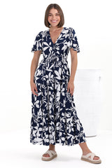 Adhira Maxi Dress - Buttoned Bodice A Line Dress With Flute Sleeves In Anvi Print