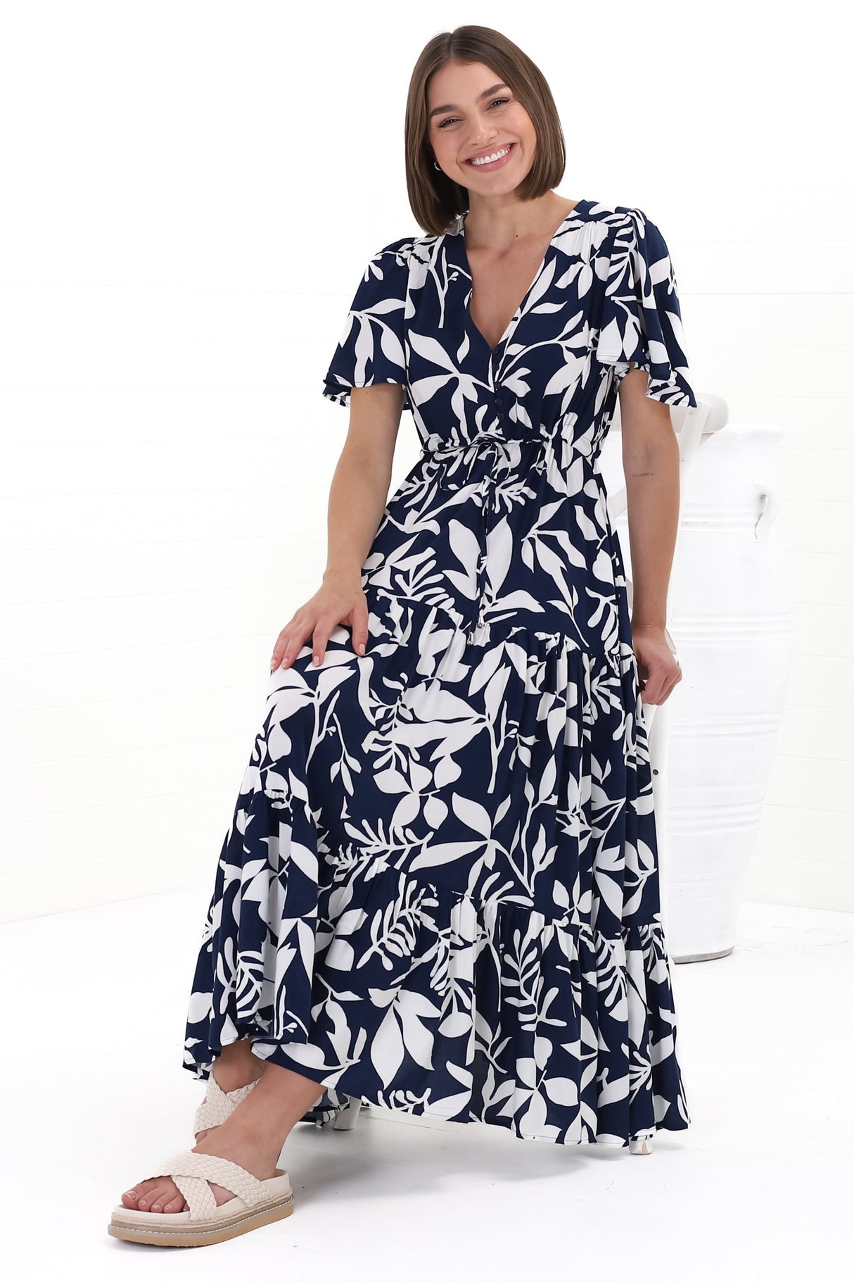 Adhira Maxi Dress - Buttoned Bodice A Line Dress With Flute Sleeves In Anvi Print