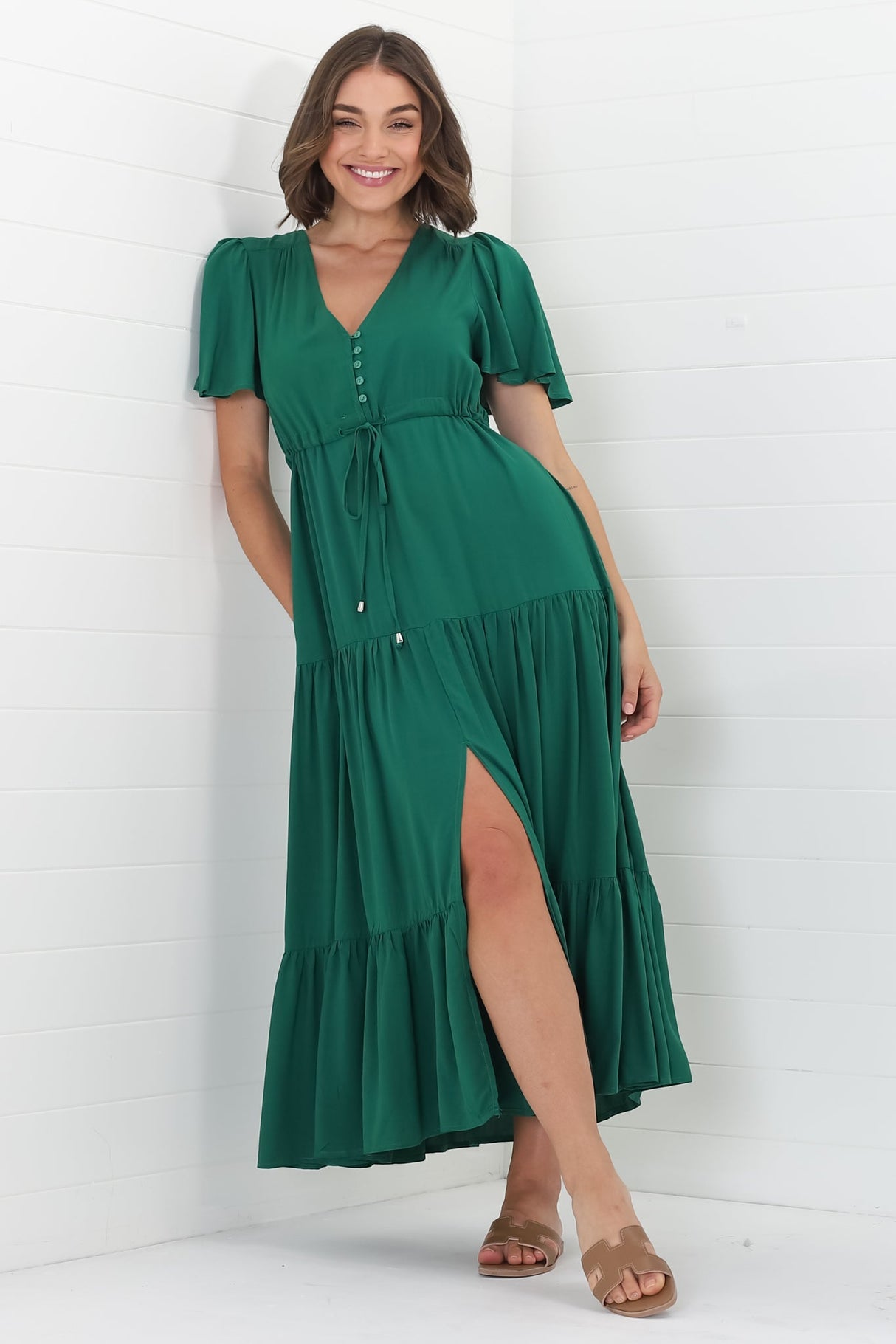 Adhira Maxi Dress - Buttoned Bodice A Line Dress With Flute Sleeves In Emerald