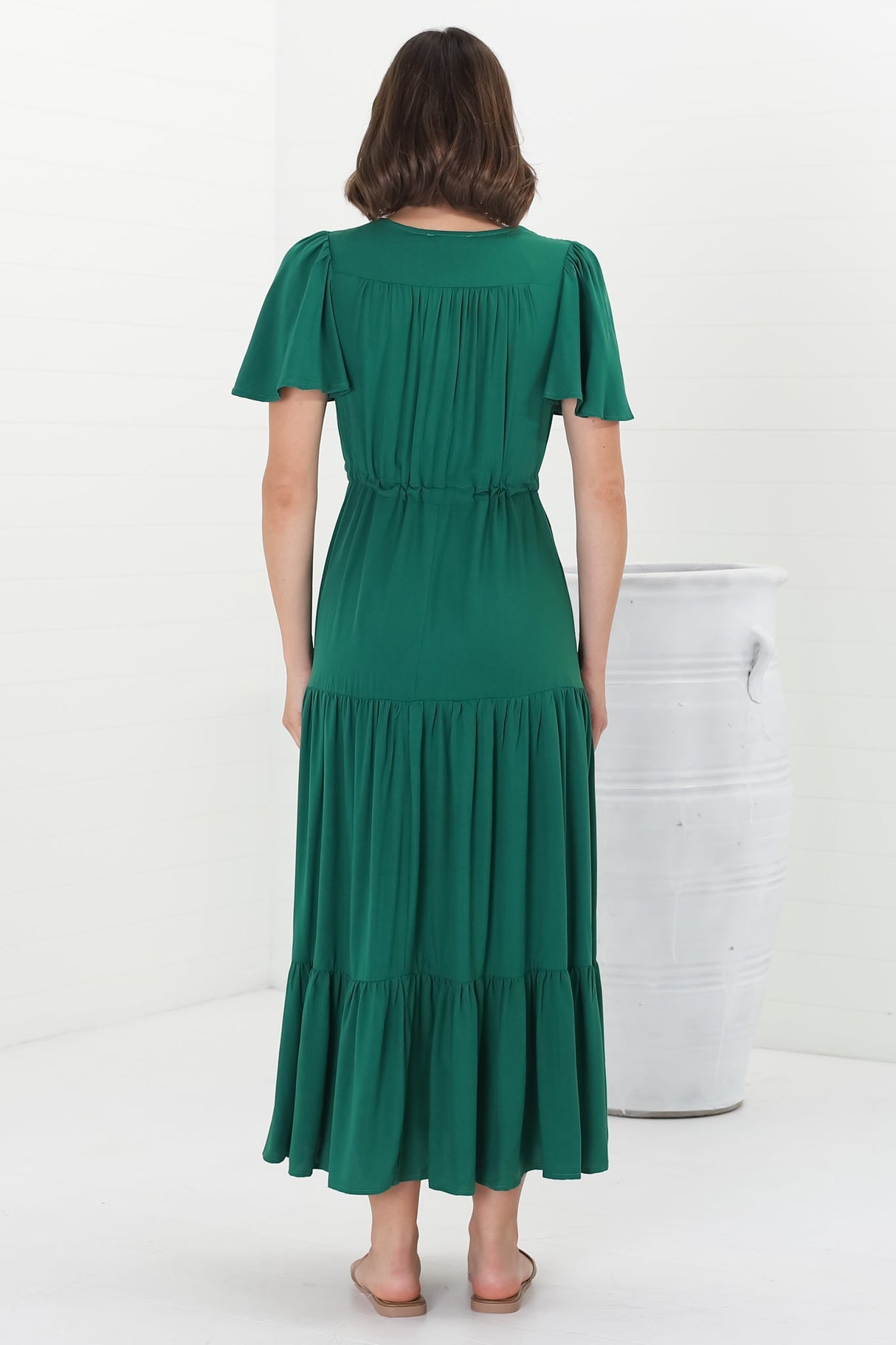 Adhira Maxi Dress - Buttoned Bodice A Line Dress With Flute Sleeves In Emerald