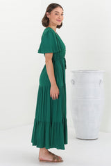 Adhira Maxi Dress - Buttoned Bodice A Line Dress With Flute Sleeves In Emerald