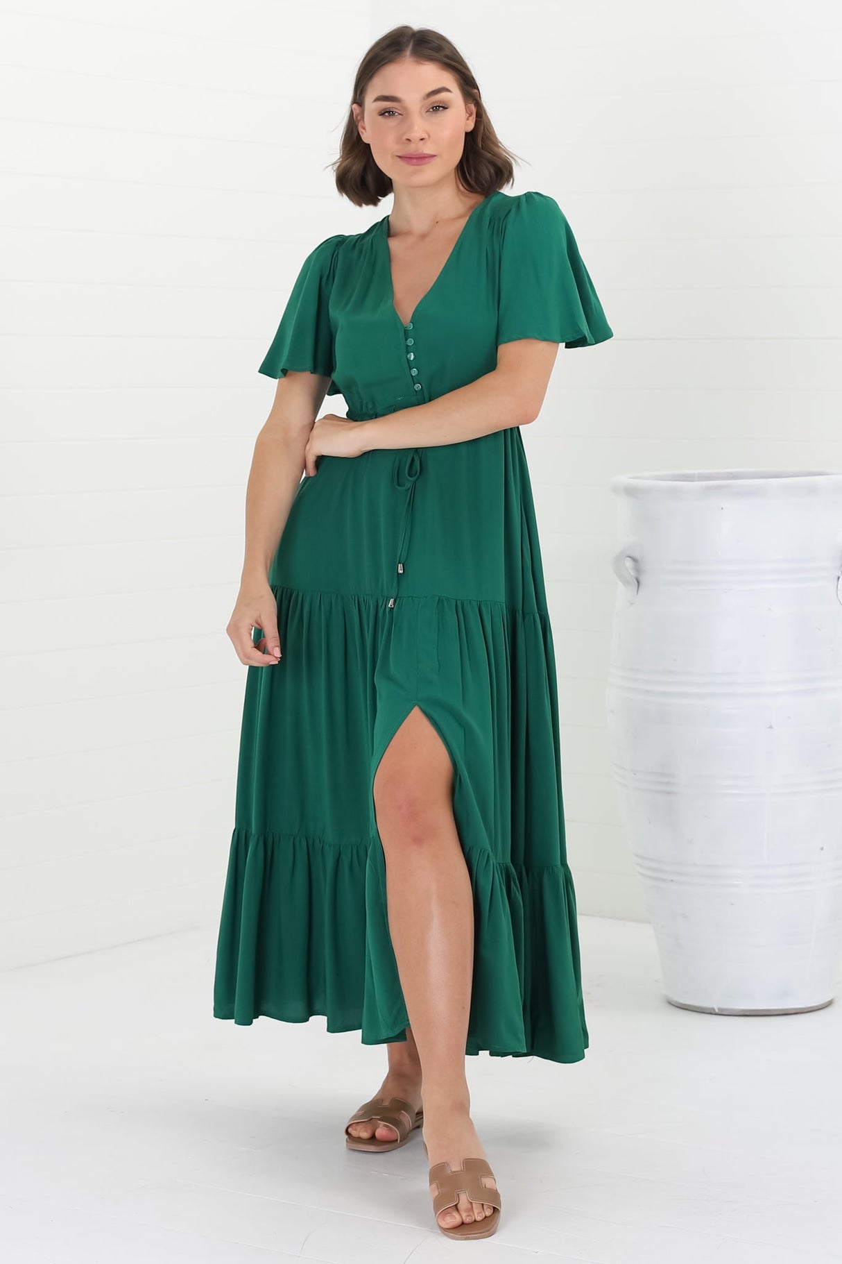 Adhira Maxi Dress - Buttoned Bodice A Line Dress With Flute Sleeves In Emerald