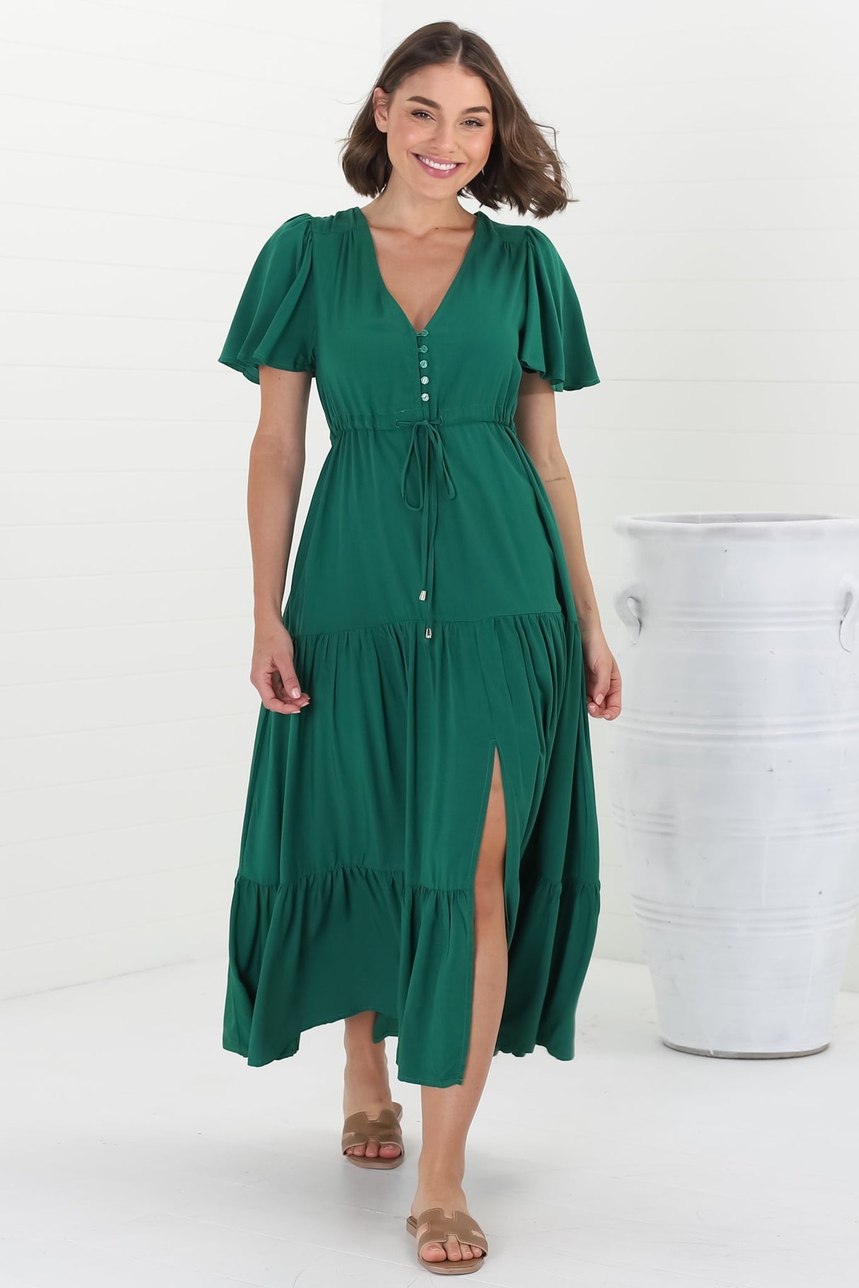 Adhira Maxi Dress - Buttoned Bodice A Line Dress With Flute Sleeves In Emerald