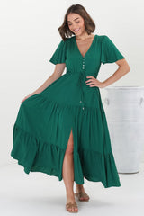 Adhira Maxi Dress - Buttoned Bodice A Line Dress With Flute Sleeves In Emerald