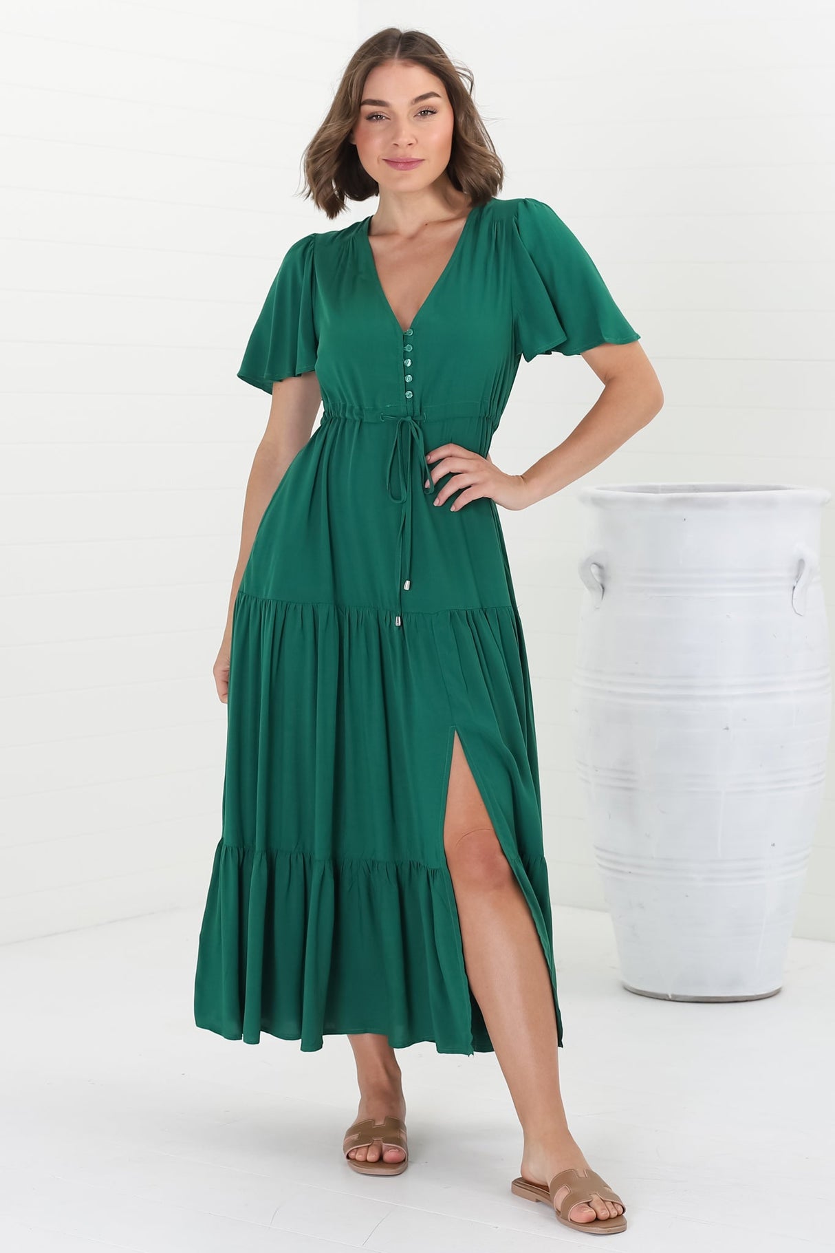 Adhira Maxi Dress - Buttoned Bodice A Line Dress With Flute Sleeves In Emerald