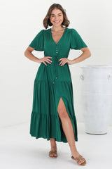 Adhira Maxi Dress - Buttoned Bodice A Line Dress With Flute Sleeves In Emerald