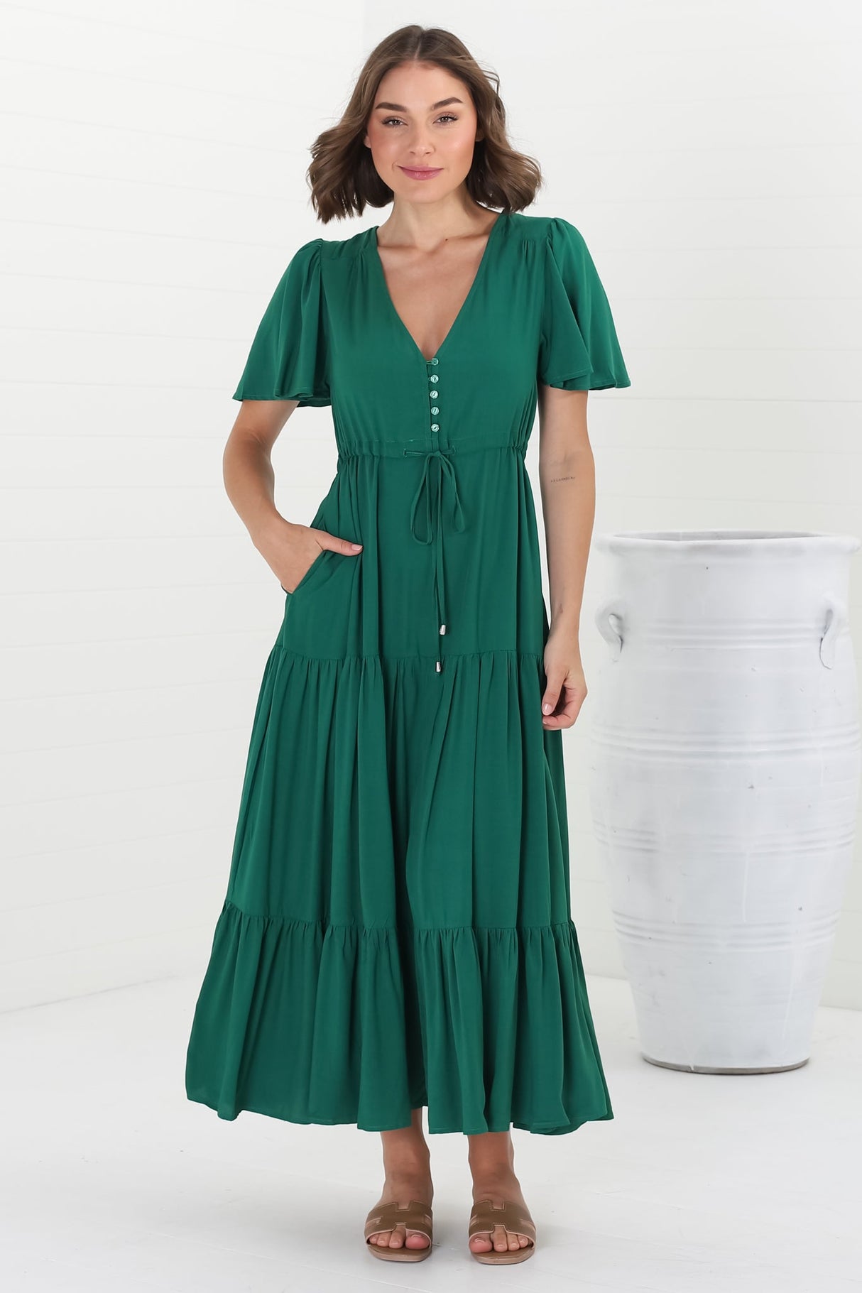 Adhira Maxi Dress - Buttoned Bodice A Line Dress With Flute Sleeves In Emerald