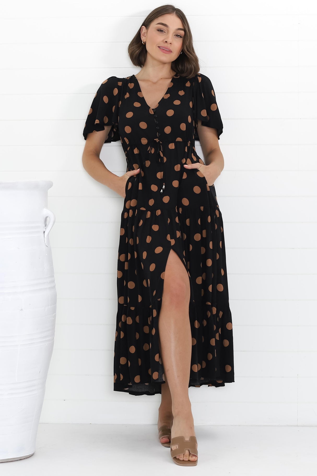 Adhira Maxi Dress - Buttoned Bodice A Line Dress With Flute Sleeves In Mahony Print