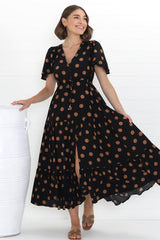 Adhira Maxi Dress - Buttoned Bodice A Line Dress With Flute Sleeves In Mahony Print