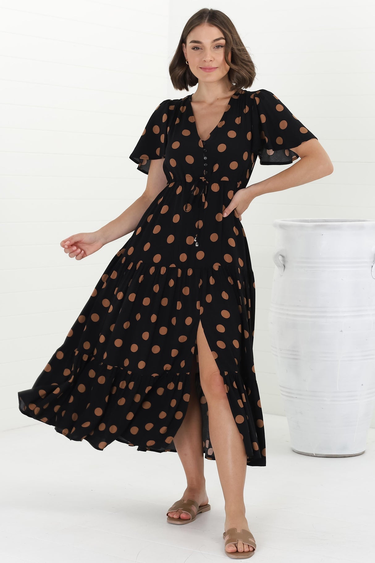 Adhira Maxi Dress - Buttoned Bodice A Line Dress With Flute Sleeves In Mahony Print