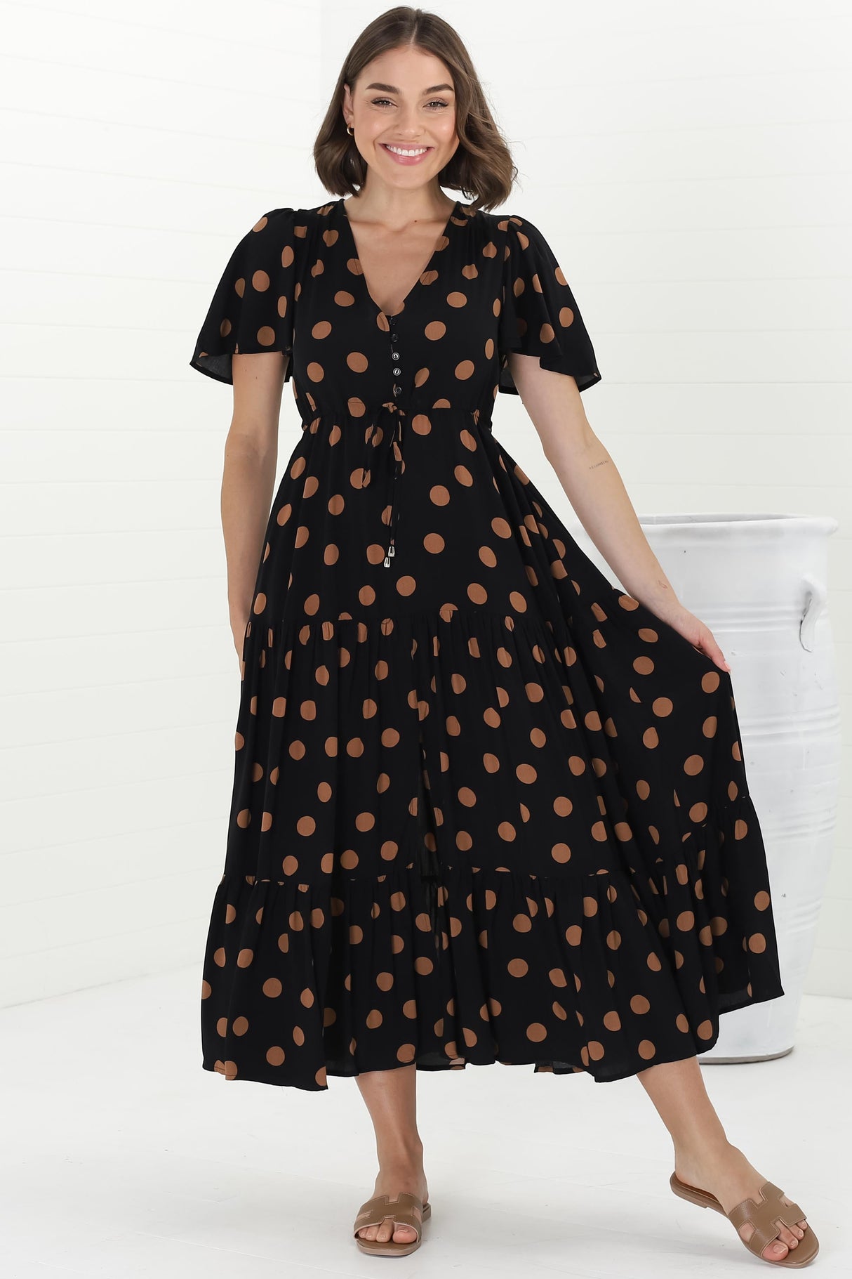 Adhira Maxi Dress - Buttoned Bodice A Line Dress With Flute Sleeves In Mahony Print