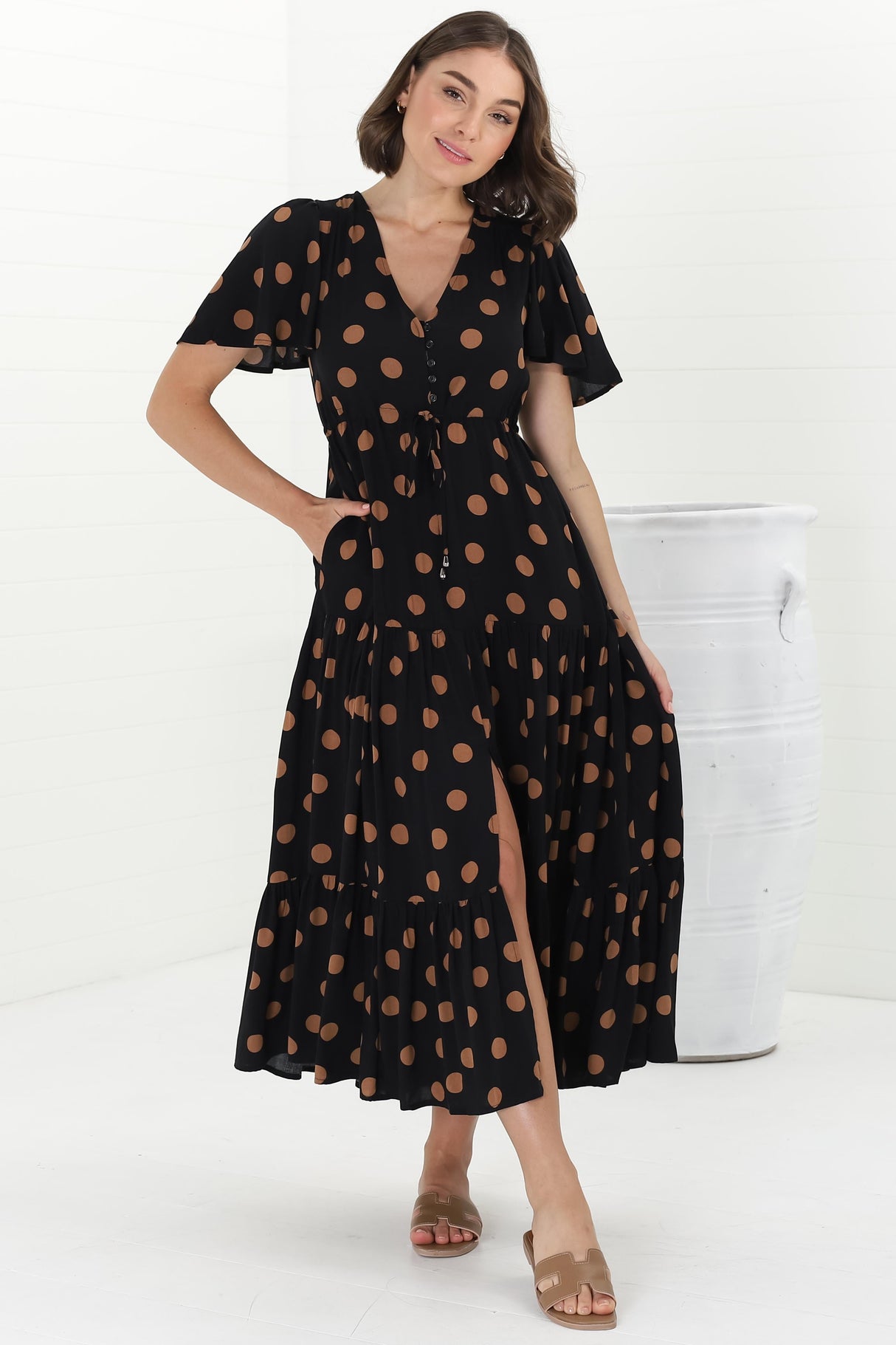 Adhira Maxi Dress - Buttoned Bodice A Line Dress With Flute Sleeves In Mahony Print