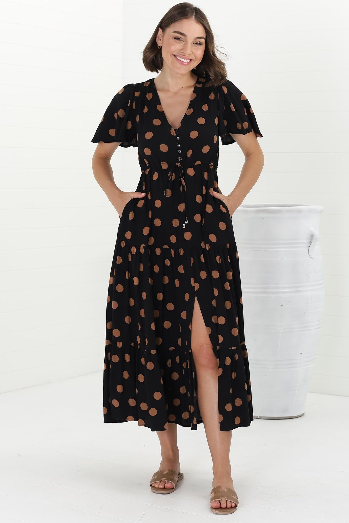 Adhira Maxi Dress - Buttoned Bodice A Line Dress With Flute Sleeves In Mahony Print