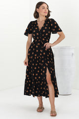 Adhira Maxi Dress - Buttoned Bodice A Line Dress With Flute Sleeves In Mahony Print