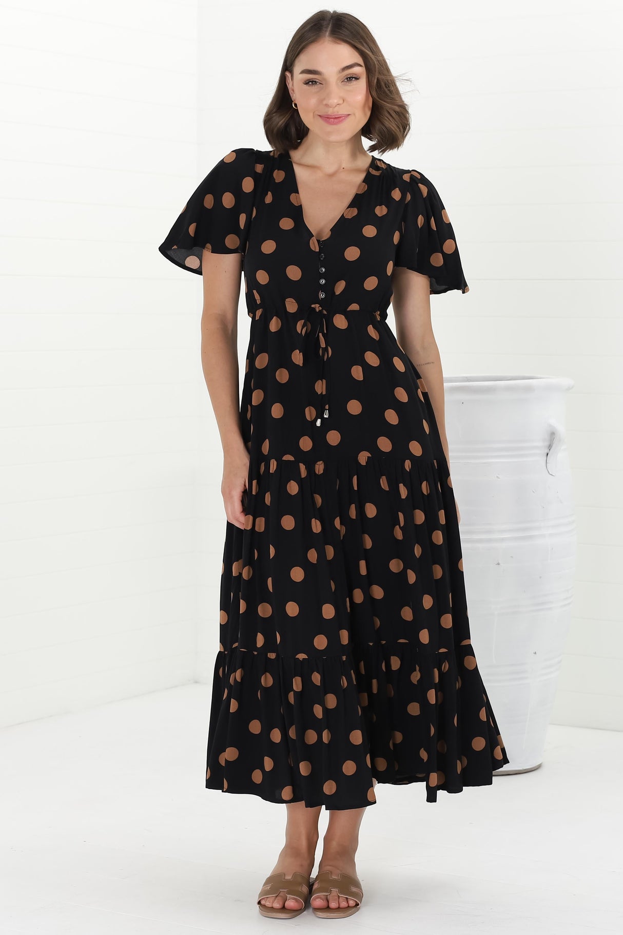 Adhira Maxi Dress - Buttoned Bodice A Line Dress With Flute Sleeves In Mahony Print