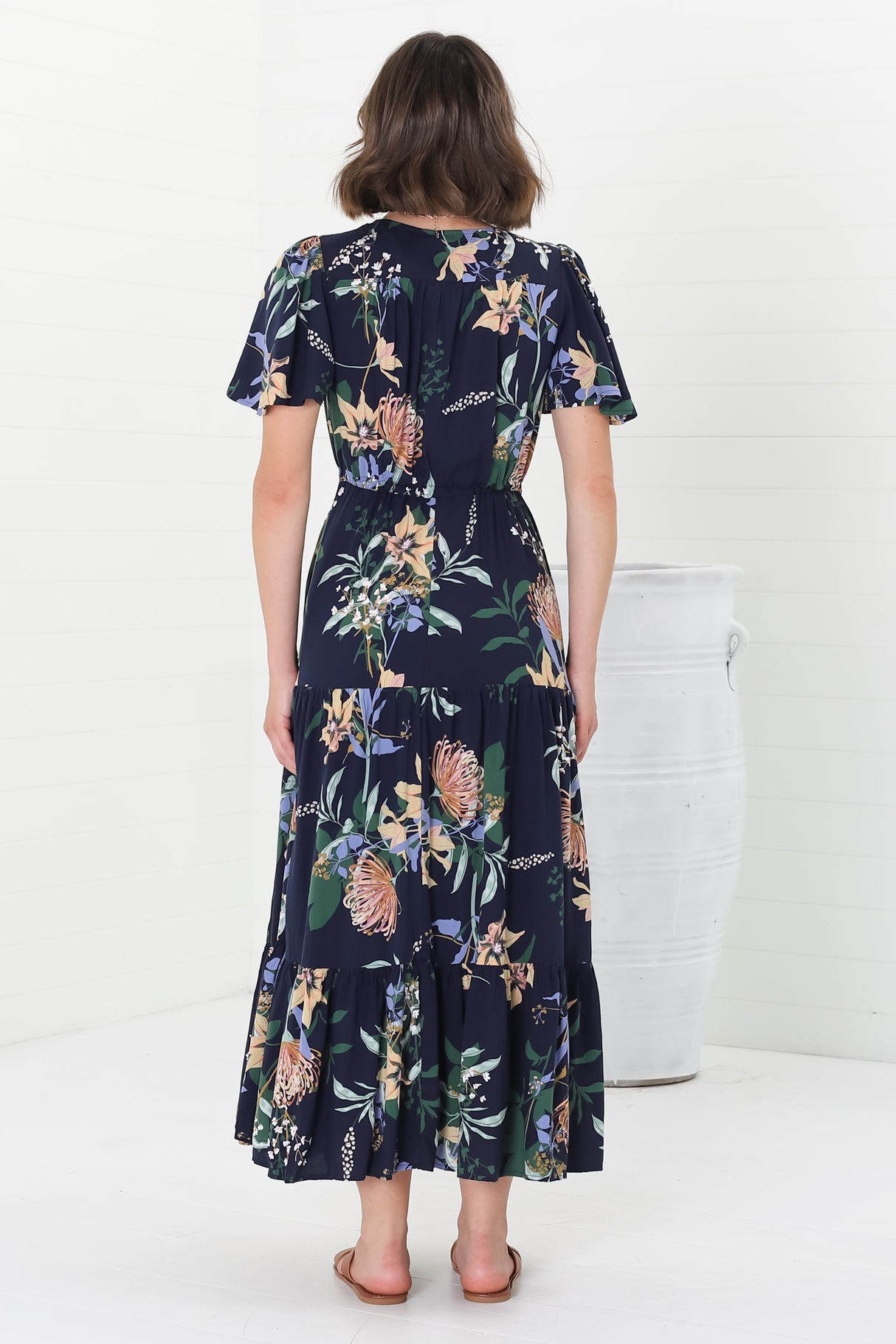 Adhira Maxi Dress - Buttoned Bodice A-Line Dress with Flute Sleeves in Raven Print Navy