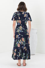 Adhira Maxi Dress - Buttoned Bodice A-Line Dress with Flute Sleeves in Raven Print Navy